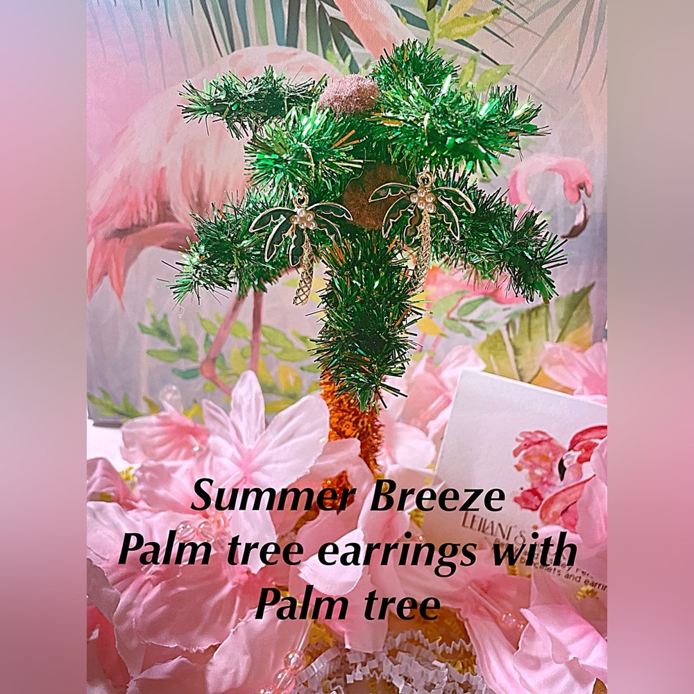 Large Palm tree dangle and drop earrings on gold hooks/tropical/